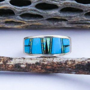 Native American Turquoise Multi Gemstone Inlay Sterling Silver Ring Band 9